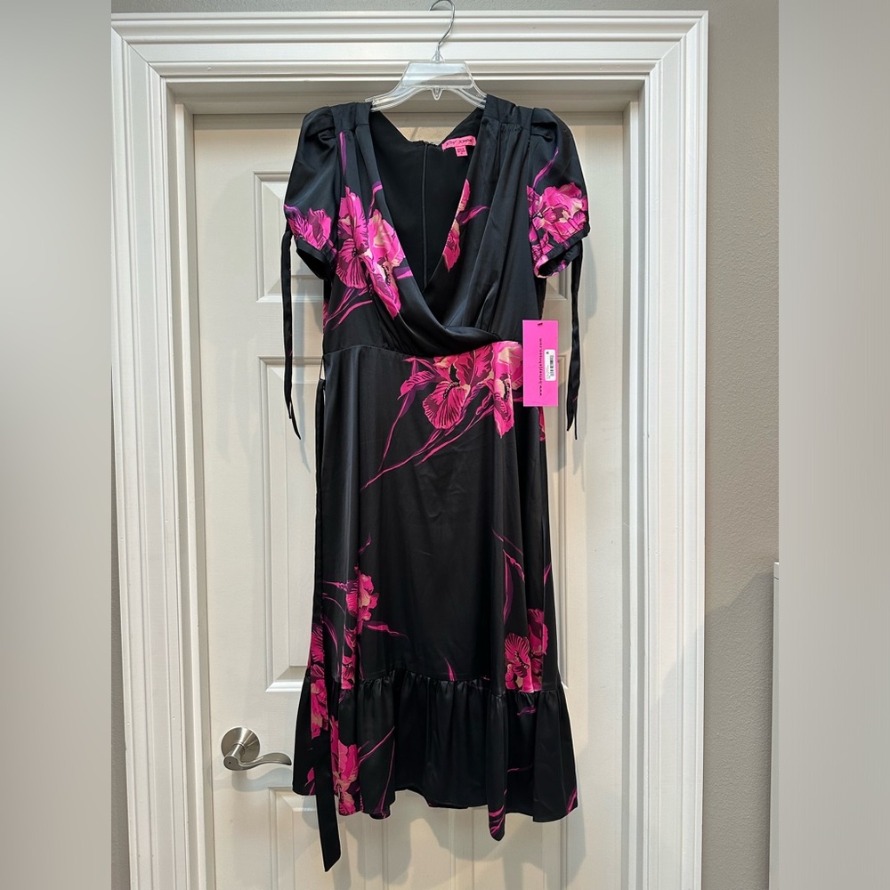 Betsey Johnson Black Midi Dress with Hot Pink Floral Print